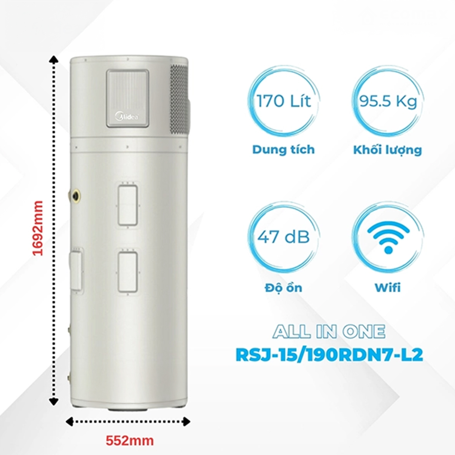 Máy nước nóng trung tâm Midea RSJ-15/190RDN7-L2 dung tích 170 Lít